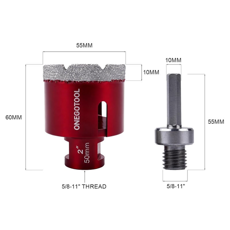 ONEGOTOOL 2 Inch（50mm） Diamond Hole Saw Tile Masonry Core Drill bits for Porcelain Ceramic Concrete Granite Marble 5/8-11 Thread for Angle Grinders and 3/8” Hex Shank - Image 2